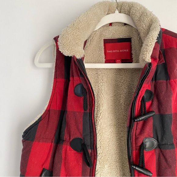 Saks Fifth Avenue Buffalo Check‎ Faux Fur Removable Hooded Vest - Size Medium - Picture 13 of 14